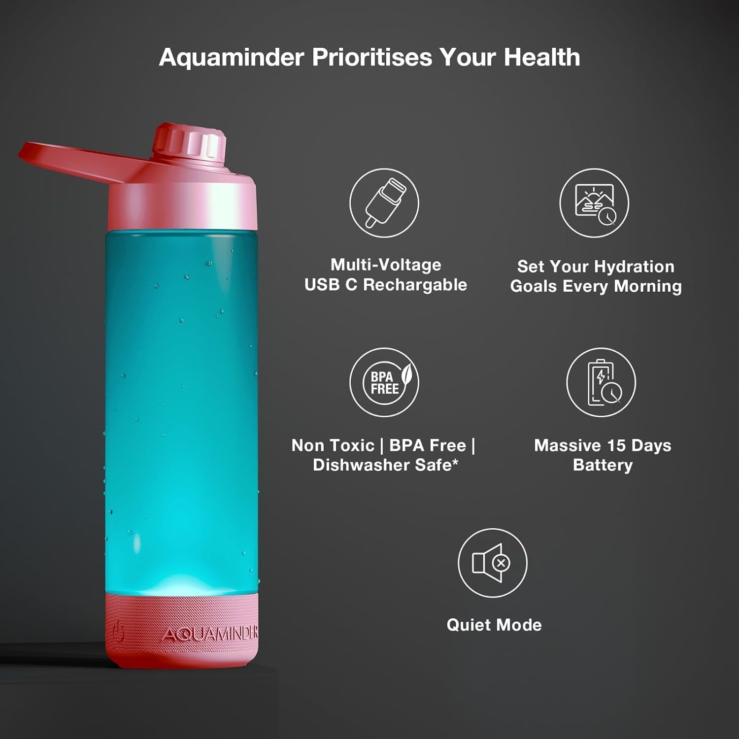 Aquaminder Smart Water Bottle Glows & Beeps to Remind You to Drink More 770 ml Chug Cap Bottle For Adults and Kids Perfect For Gift, Travel, Gym, Yoga, Black, Silicone - Image 3