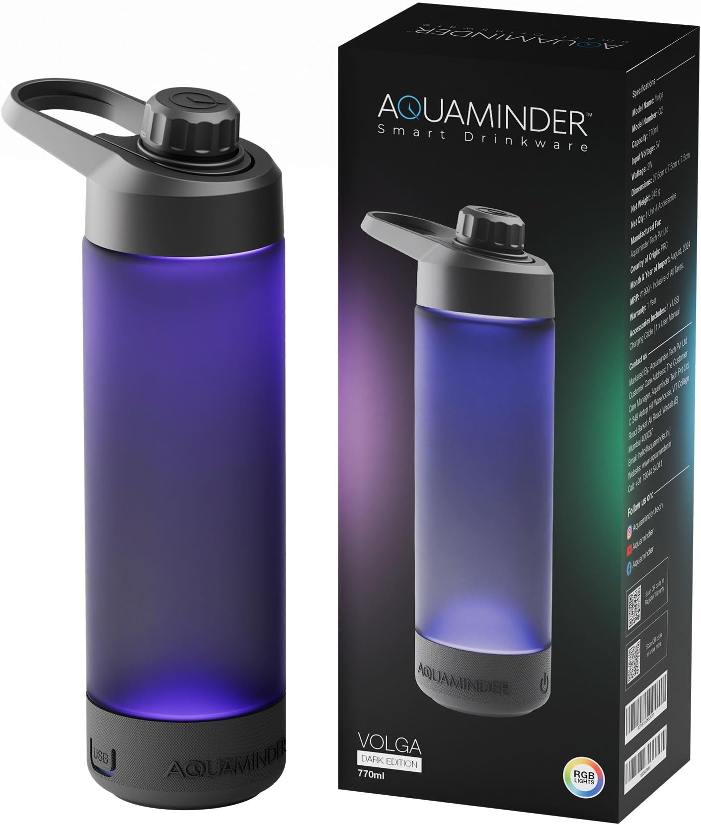 Aquaminder Smart Water Bottle Glows & Beeps to Remind You to Drink More 770 ml Chug Cap Bottle For Adults and Kids Perfect For Gift, Travel, Gym, Yoga, Black, Silicone